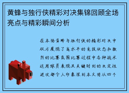 黄蜂与独行侠精彩对决集锦回顾全场亮点与精彩瞬间分析