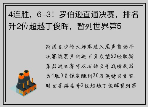 4连胜，6-3！罗伯逊直通决赛，排名升2位超越丁俊晖，暂列世界第5