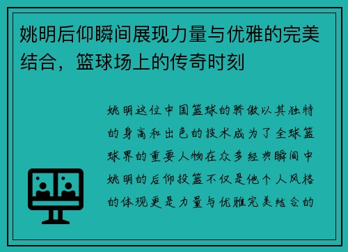 姚明后仰瞬间展现力量与优雅的完美结合，篮球场上的传奇时刻
